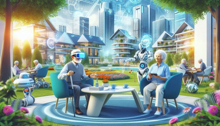 A futuristic landscape depicting senior citizens engaging with advanced technology
